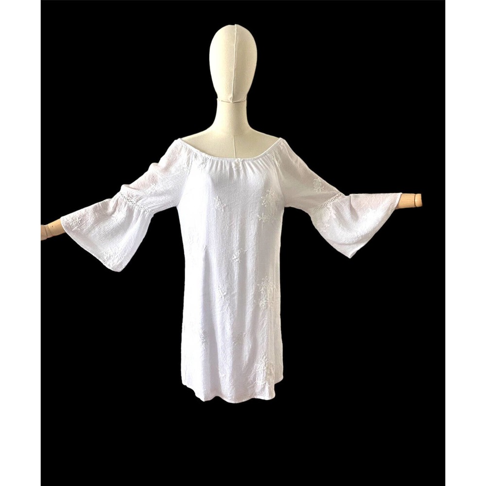 Anthropologie Wht Embroidered Flower Boho Casual Dress/ Cover VGC Sz Med 8-10